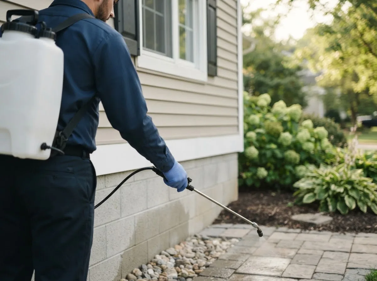 Pest control technician inspecting a home in Ossineke, MI